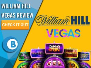 Yellow Background with slot machines and William Hill Vegas logo. Blue/white square to left with text "William Hill Vegas Review", CTA and Boomtown Bingo logo.