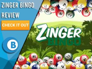 Background of forest with bingo balls and Zinger Bingo logo. Blue/white square with text to left "Zinger Bingo Review", CTA below and Boomtown Bingo logo beneath.