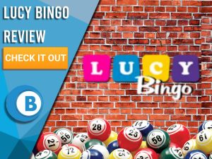 Brick wall background with bingo balls and Lucy Bingo logo. Blue/white square to left with text "Lucy Bingo Review", CTA below and Boomtown Bingo logo.