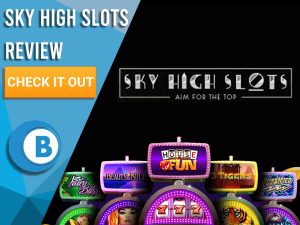 Black Background with slot machines and Sky High slots logo. Blue/white square to left with text "Sky High Slots Review", CTA and Boomtown Bingo logo.