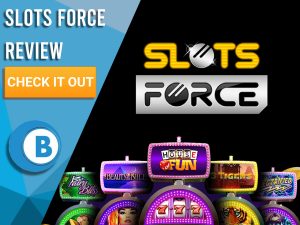 Black Background with slot machines and Slots Force logo. Blue/white square to left with text "Slots Force Review", CTA and Boomtown Bingo logo.