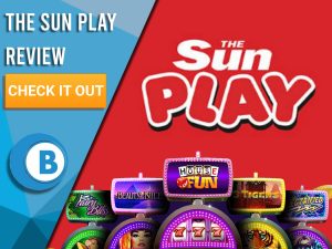 Red Background with slot machines and The Sun Play logo. Blue/white square to left with text "The Sun Play Review", CTA and Boomtown Bingo logo.