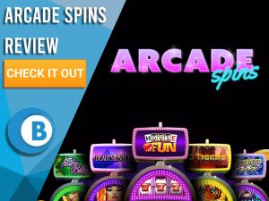 Black background with slot machines and Arcade Spins logo. Blue/white square to left with text "Arcade Spins Review", CTA below and Boomtown Bingo logo.