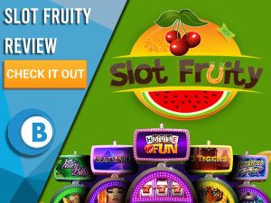 Green Background with slot machines and Slot Fruity logo. Blue/white square to left with text "Slot Fruity Review", CTA and Boomtown Bingo logo.