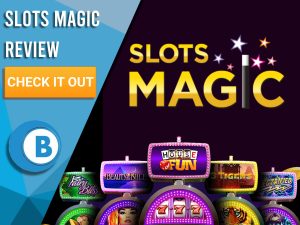 Black Background with slot machines and Slots Magic logo. Blue/white square to left with text "Slots Magic Review", CTA and Boomtown Bingo logo.