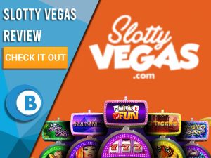 Orange Background with slot machines and Slotty Vegas logo. Blue/white square to left with text "Slotty Vegas Review", CTA and Boomtown Bingo logo.