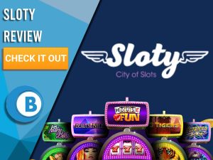 Blue Background with slot machines and Sloty logo. Blue/white square to left with text "Sloty Review", CTA and Boomtown Bingo logo.