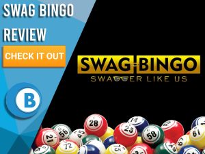 Black background with bingo balls and Swag Bingo logo. Blue/white square with text to left "Swag Bingo Review", CTA below and Boomtown Bingo logo.