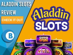 Orange background with slot machines and Aladdin slots logo. Blue/white square to left with text "Aladdin Slots Review", CTA below and Boomtown Bingo logo.