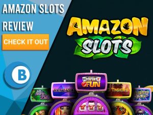 Black background with slot machines and Amazon slots logo. Blue/white square to left with text "Amazon Slots Review", CTA below and Boomtown Bingo logo.