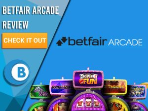 Blue background with slot machines and Betfair Arcade logo. Blue/white square to left with text "Betfair Arcade Review", CTA below and Boomtown Bingo logo.