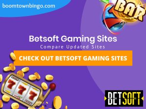 A purple background with a white circle with 50% opacity covering half of the background. A blue oval can be seen in the top left with "boomtownbingo.com" inside of it. Two lines of text in white writing are displayed in the middle, with an orange box with one line of white text within it. A slot machine can be seen in the bottom left, dispensing coins around the corner. In the opposite corner, a bunch of slot signs can be seen (top right). Also, in the bottom right, the Betsoft logo can be seen.