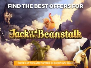 A castle is seen in the clouds with the title in the centre "Jack and the Beanstalk" logo can be seen. At the bottom of the screen, a CTA is shown with a sentence in it. A goat can be seen in the bottom right and a chicken on top of the logo.