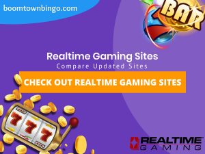 A purple background with a white circle with 50% opacity covering half of the background. A blue oval can be seen in the top left with "boomtownbingo.com" inside of it. Two lines of text in white writing are displayed in the middle, with an orange box with one line of white text within it. A slot machine can be seen in the bottom left, dispensing coins around the corner. In the opposite corner, a bunch of slot signs can be seen (top right). Also, in the bottom right, the Realtime Gaming logo can be seen.