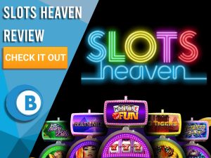 Black Background with slot machines and Slots Heaven logo. Blue/white square to left with text "Slots Heaven Review", CTA and Boomtown Bingo logo.