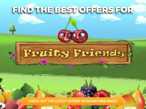 Background of hills. A bunch of fruit is piled up at the bottom of the image. In the centre of the image, the logo for Fruity Friends Slots can be seen, with a cherry on top of it.