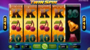 Twin Spin Slot Game Four reels sync up and spin together mega win payout