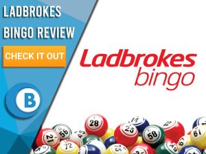 White background with bingo balls and Ladbrokes Bingo logo. Blue/white square to left with text "Ladbrokes Bingo Review", CTA below and Boomtown Bingo logo.