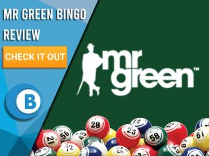 Green background with bingo balls and Mr Green Logo. Blue/white square to left with text "Mr Green Bingo Review", CTA below and Boomtown Bingo logo beneath.