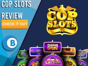Navy Blue background with slot machines and Cop Slots Logo. Blue/white square to left with text "Cop Slots Review", CTA below and Boomtown Bingo logo.