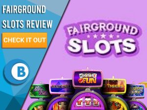 Pink background with slot machines and Fairground Slots logo. Blue/white square to left with text "Fairground Slots Review", CTA below and Boomtown Bingo logo.