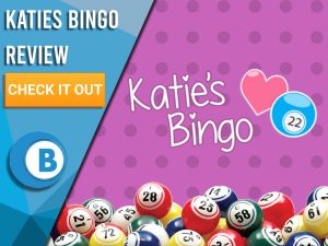 Purple background with polka dots, bingo balls and Katie's Bingo logo. Blue/white square to left with text "Katies Bingo Review", CTA below and Boomtown Bingo logo.