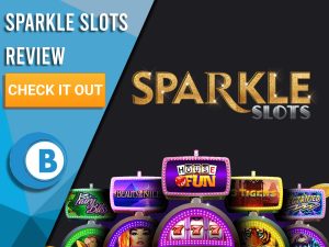 Black Background with slot machines and Sparkle Slots logo. Blue/white square to left with text "Sparkle Slots Review", CTA and Boomtown Bingo logo.