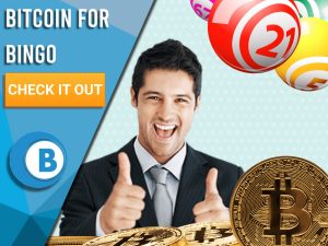 Light Blue background with man with thumbs up, Bitcoin and Bingo Balls. Blue/white square with text to left "Bitcoin for Bingo", CTA below and Boomtown Bingo logo beneath.