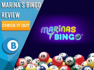 Dark purple background with bingo balls and Marina's Bingo logo. Blue/white square to left with text "Marina’s Bingo Review", CTA below and Boomtown Bingo logo.