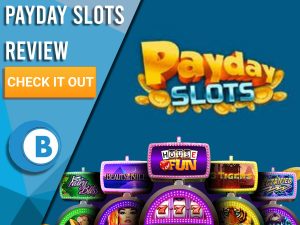 Navy Blue background with slot machines and Payday Slots Logo. Blue/white square to left with text "PayDay Slots Review", CTA below and Boomtown Bingo logo.