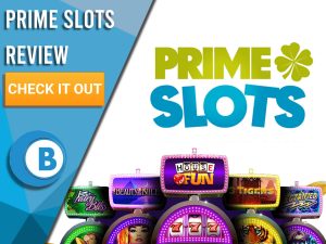 White Background with slot machines and Prime Slots logo. Blue/white square to left with text "Prime Slots Review", CTA and Boomtown Bingo logo.