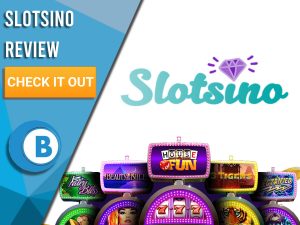 White Background with slot machines and SlotSino logo. Blue/white square to left with text "SlotSino Review", CTA and Boomtown Bingo logo.