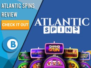 Blue background with Slot Machines and Atlantic Spins logo. Blue/white square to left with text "Atlantic Spins Review", CTA below and Boomtown Bingo logo.