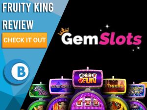 Black background with slot machines and Gem Slots Logo. Blue/white square to left with text "Gem Slots Review", CTA below and Boomtown Bingo logo.