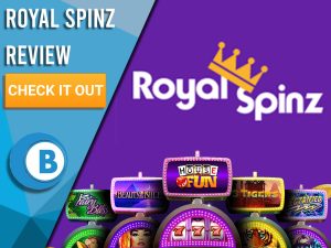 Purple background with slot machines and Royal Spinz logo. Blue/white square to left with text "Royal Spinz Review", CTA below and Boomtown Bingo logo.