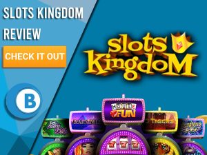 Blue Background with slot machines and Slots Kingdom logo. Blue/white square to left with text "Slots Kingdom Review", CTA and Boomtown Bingo logo.