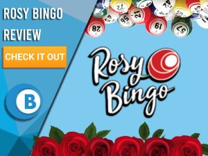 Blue background with bingo balls and Rosy Bingo logo. Blue/white square with text to left "Rosy Bingo Review", CTA below and BoomtownBingo logo beneath.