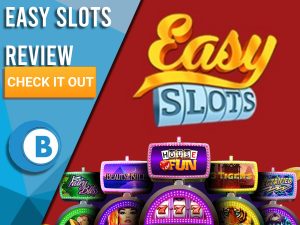 Red background with slot machines and Easy Slots logo. Blue/white square to left with text "Easy Slots Review", CTA below and Boomtown Bingo.