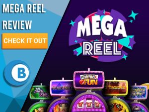 Black background with slot machines and Mega Reel logo. Blue/white square to left with text "Mega Reel Review", CTA below and Boomtown Bingo logo.