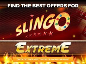 Background is a fire, landscape with a steel rectangle above some flames. The logo for Slingo Extreme can be seen in the middle and on the steel rectangle.