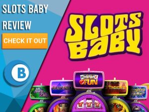 Pink Background with slot machines and Slots Baby logo. Blue/white square to left with text "Slots Baby Review", CTA and Boomtown Bingo logo.