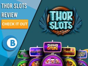 Navy Background with slot machines and Thor Slots logo. Blue/white square to left with text "Thor Slots Review", CTA and Boomtown Bingo logo.