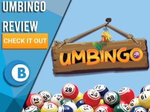 Blue background with bingo balls and Umbingo logo. Blue/white square to left with text "Umbingo Review", CTA below and Boomtown Bingo logo.