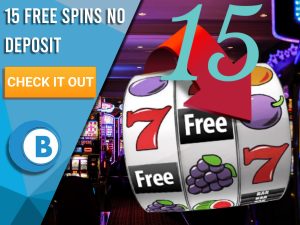 Background of casino with slots symbol and the number 15. Blue/white square with text "15 Free Spins No Deposit", CTA below and BoomtownBingo logo under it.