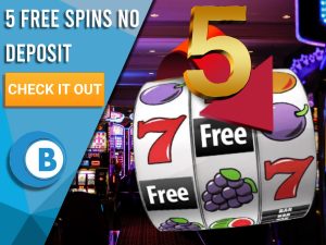 Background of casino with slots symbol and the number 5. Blue/white square with text "5 Free Spins No Deposit", CTA below and BoomtownBingo logo under it.