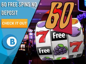 Background of casino with slots symbol and the number 60. Blue/white square with text "60 Free Spins No Deposit", CTA below and BoomtownBingo logo under it.