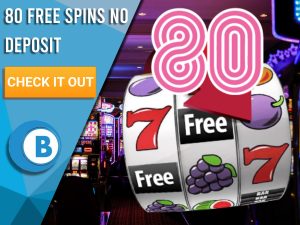 Background of casino with slots symbol and the number 80. Blue/white square with text "80 Free Spins No Deposit", CTA below and BoomtownBingo logo under it.