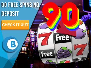 Background of casino with slots symbol and the number 90. Blue/white square with text "90 Free Spins No Deposit", CTA below and BoomtownBingo logo under it.