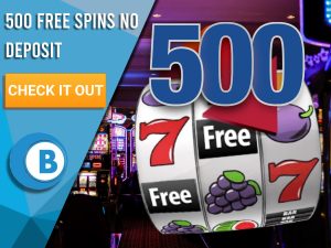 Background of casino with slots symbol and the number 500. Blue/white square with text "500 Free Spins No Deposit", CTA below and BoomtownBingo logo under it.