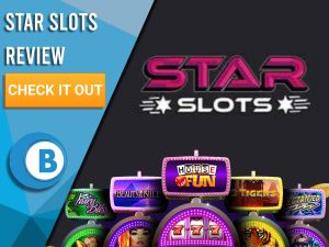 Black Background with slot machines and Star Slots logo. Blue/white square to left with text "Star Slots Review", CTA and Boomtown Bingo logo.